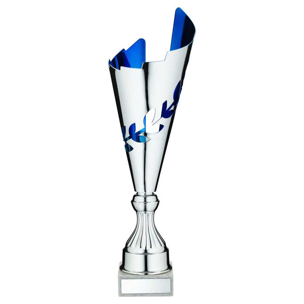 SILVER/BLUE METAL WREATH TROPHY CUP WITH PLATE - 13.75in