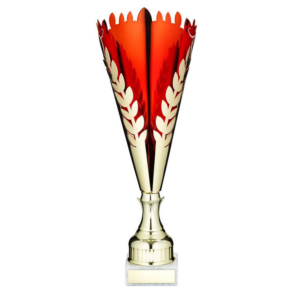 GOLD/RED METAL WREATH TROPHY CUP WITH PLATE - 15.5in