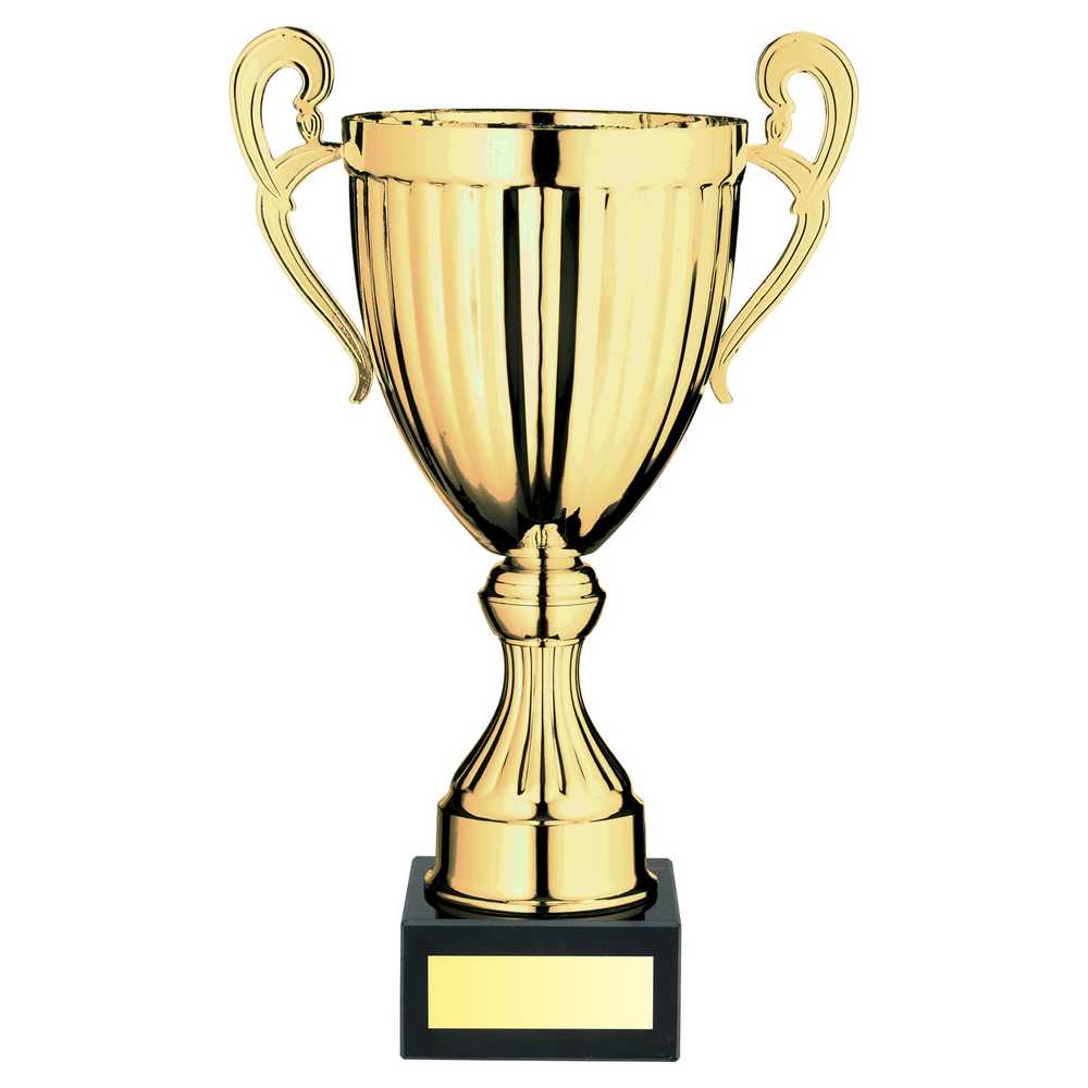 GOLD CONICAL TROPHY CUP WITH HANDLES AND PLATE - 13.75in
