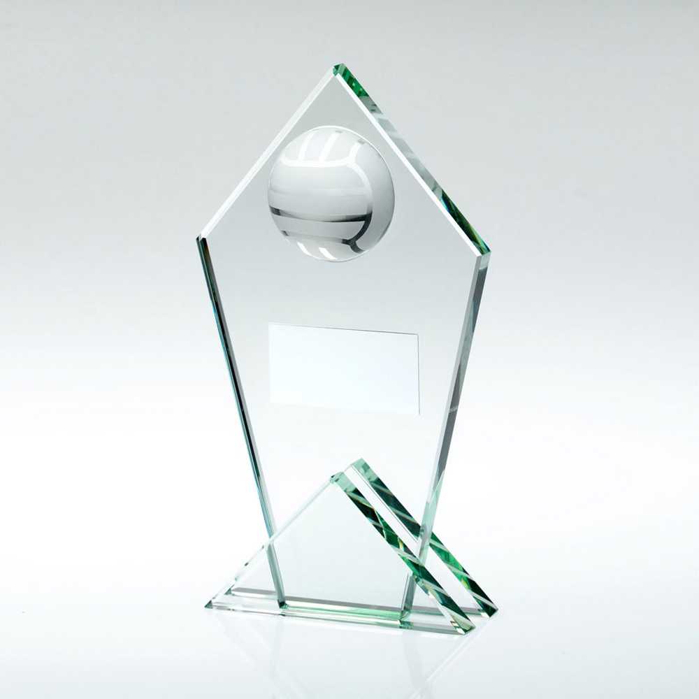 JADE GLASS POINTED PLAQUE WITH HALF GAELIC FOOTBALL AND PLATE - 5.75in