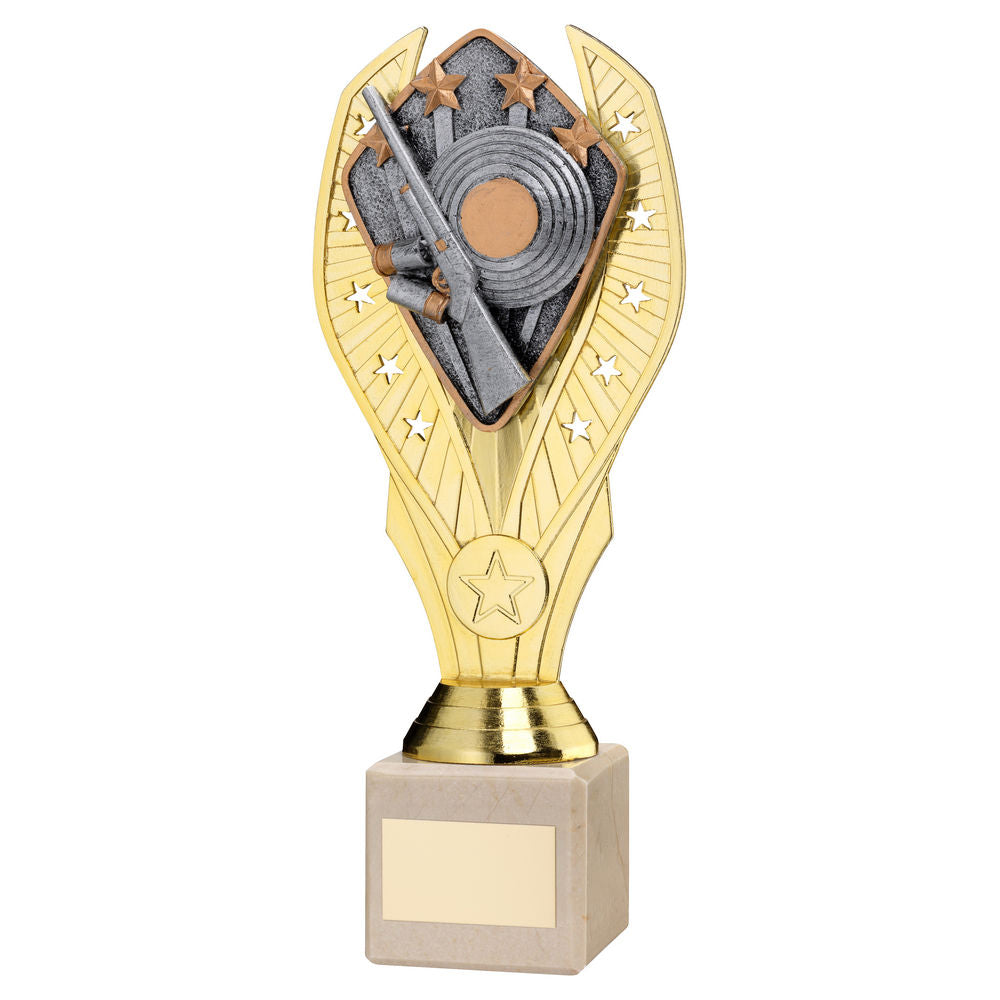 GOLD PLASTIC HOLDER + SHOOTING DISC ON CREAM MARBLE TROPHY (1in CEN) - 11in