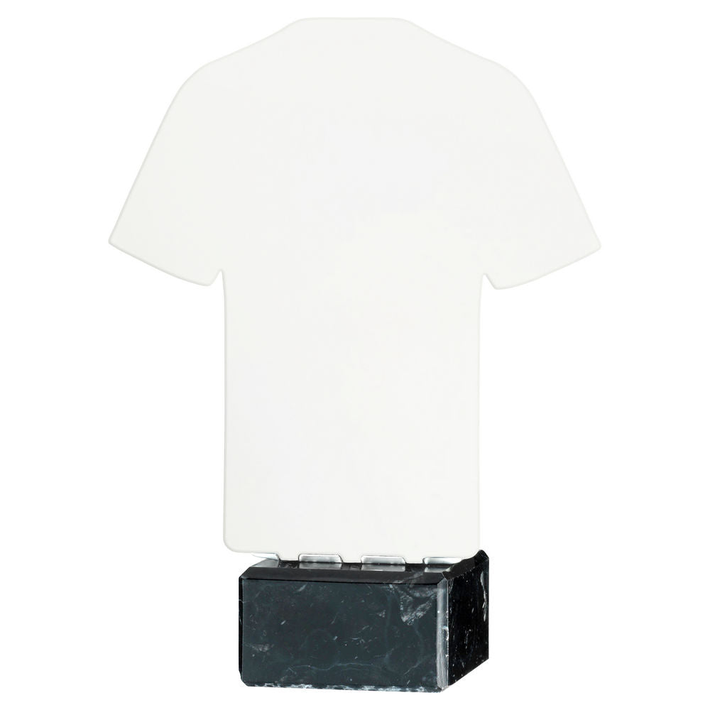 WHITE SUBLIMATION SHIRT PLAQUE ON BLACK MARBLE BASE - 7in