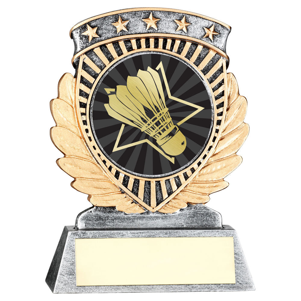 PEW/GOLD 5 STAR HOLDER WITH VINYL BADMINTON INSERT & PLATE - 4.5in