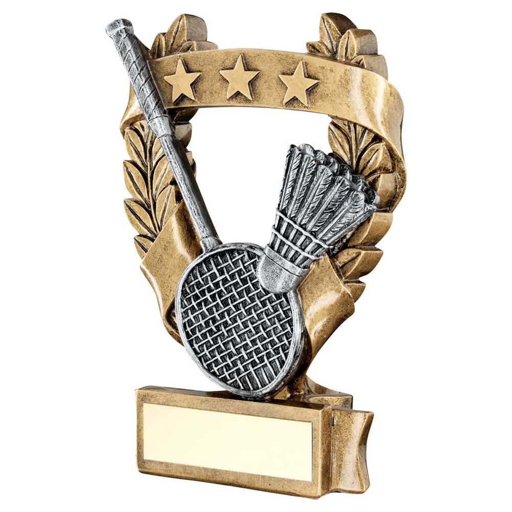 BRZ/PEW/GOLD BADMINTON 3 STAR WREATH AWARD WITH PLATE - 6.25in