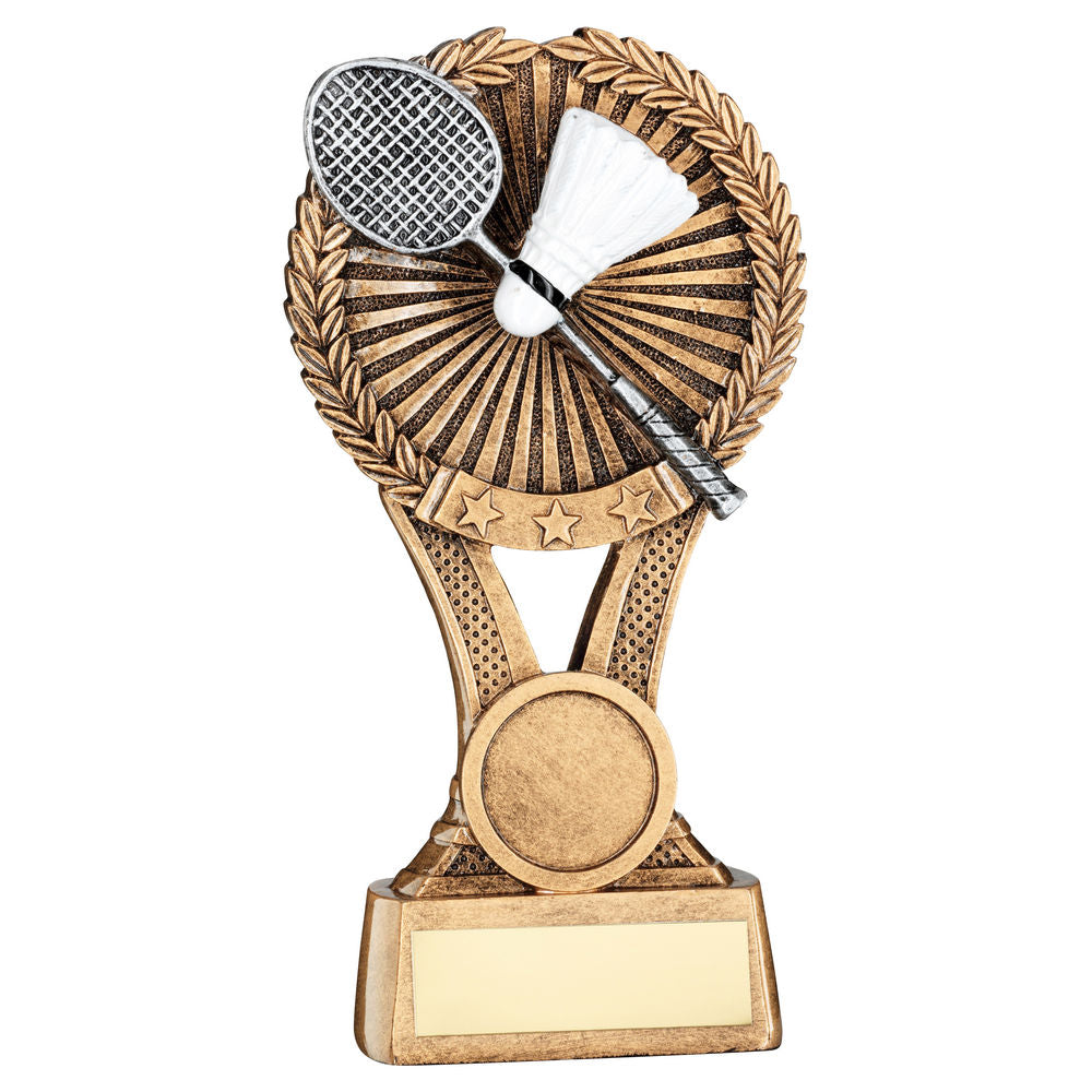BRZ/GOLD/PEW BADMINTON ROUND WREATH ON V RISER WITH PLATE (1in CEN) - 6in