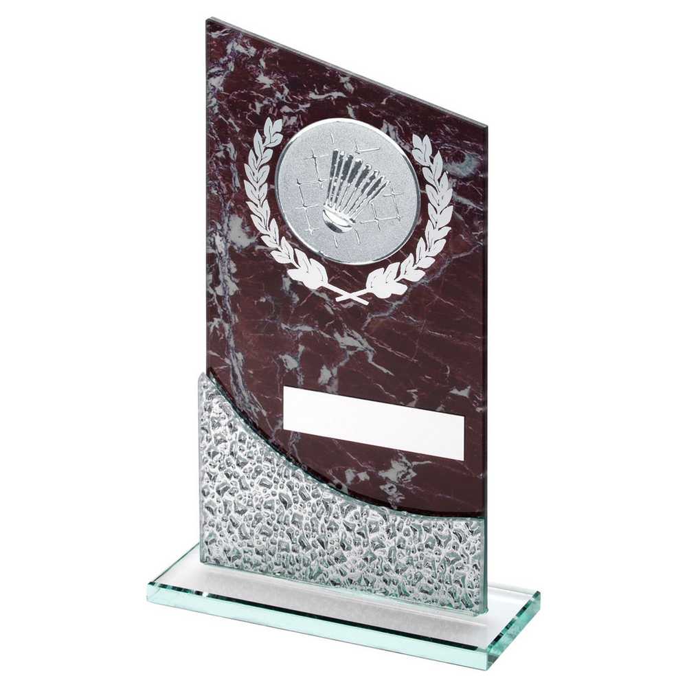 BROWN MARBLE PRINTED GLASS PLAQUE WITH BADMINTON INSERT AND PLATE - 9in