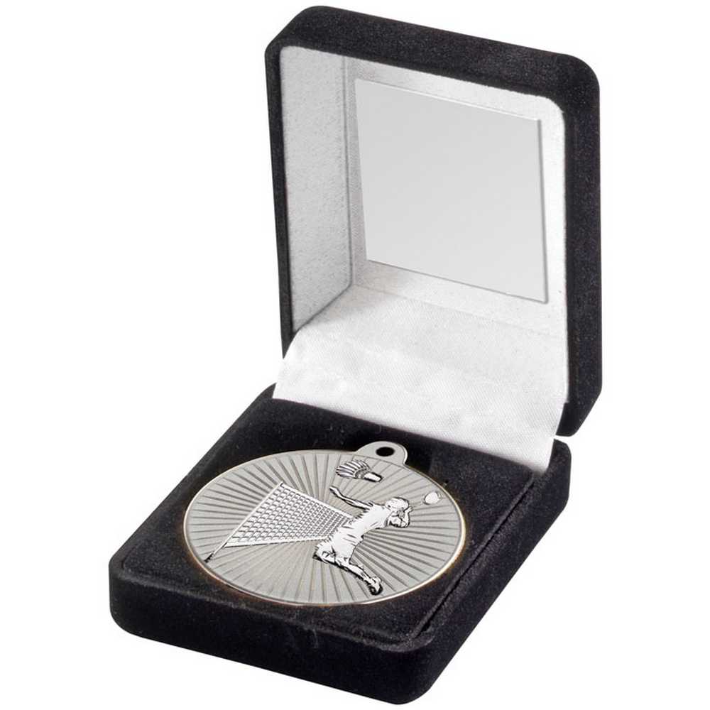 BLACK VELVET BOX AND 50mm BADMINTON MEDAL TROPHY MATT SILVER/SILVER - 3.5in