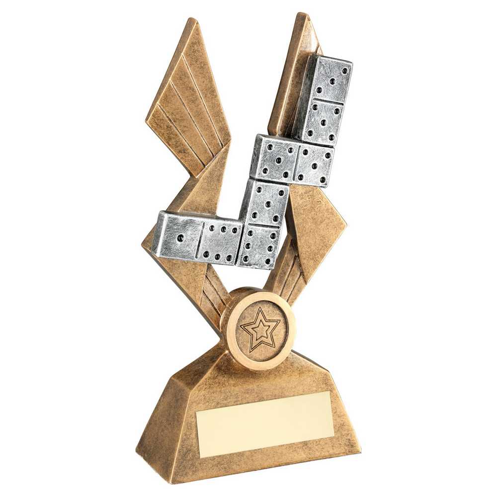 BRZ/PEW/GOLD DOMINOES ON POINTED BACKDROP WITH PLATE (1in CENTRE) - 6in