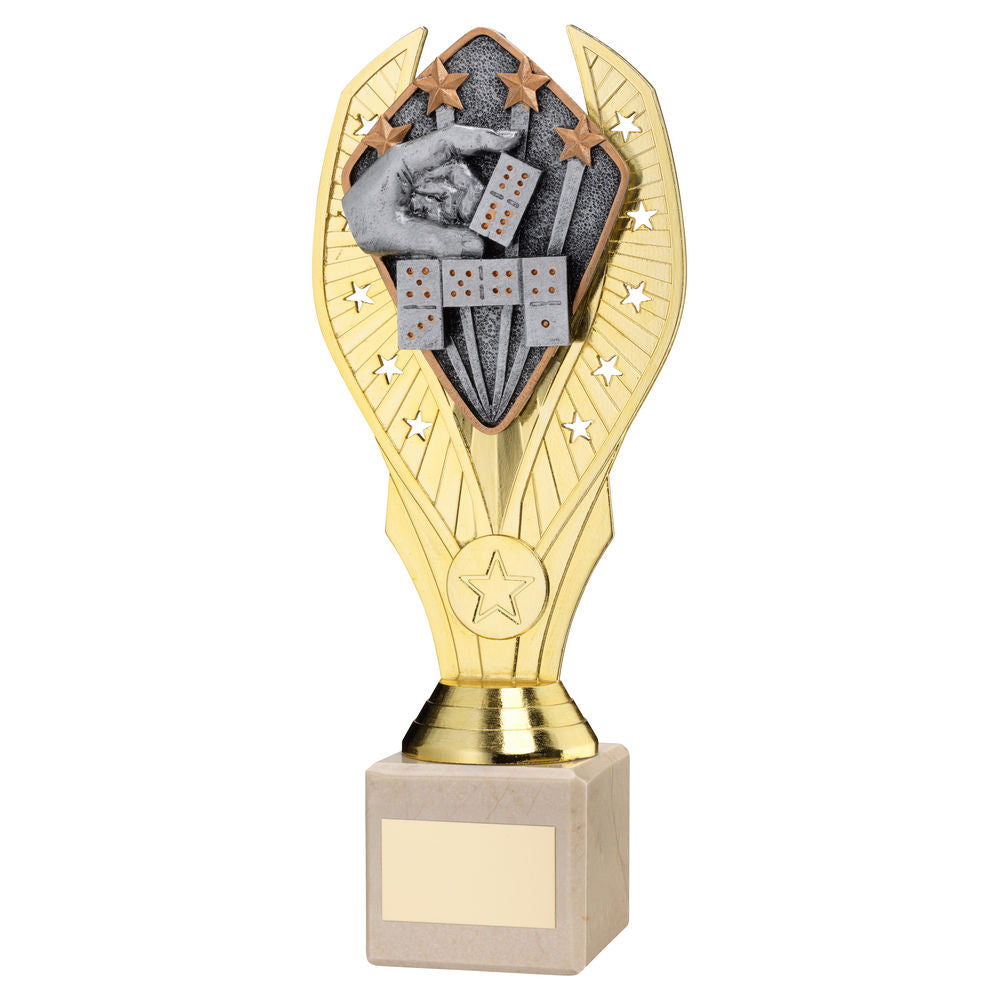 GOLD PLASTIC HOLDER + DOMINOES DISC ON CREAM MARBLE TROPHY (1in CEN) - 11in