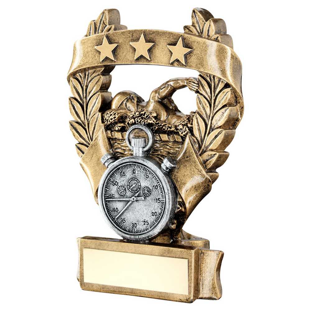 BRZ/PEW/GOLD SWIMMING 3 STAR WREATH AWARD WITH PLATE - 5in