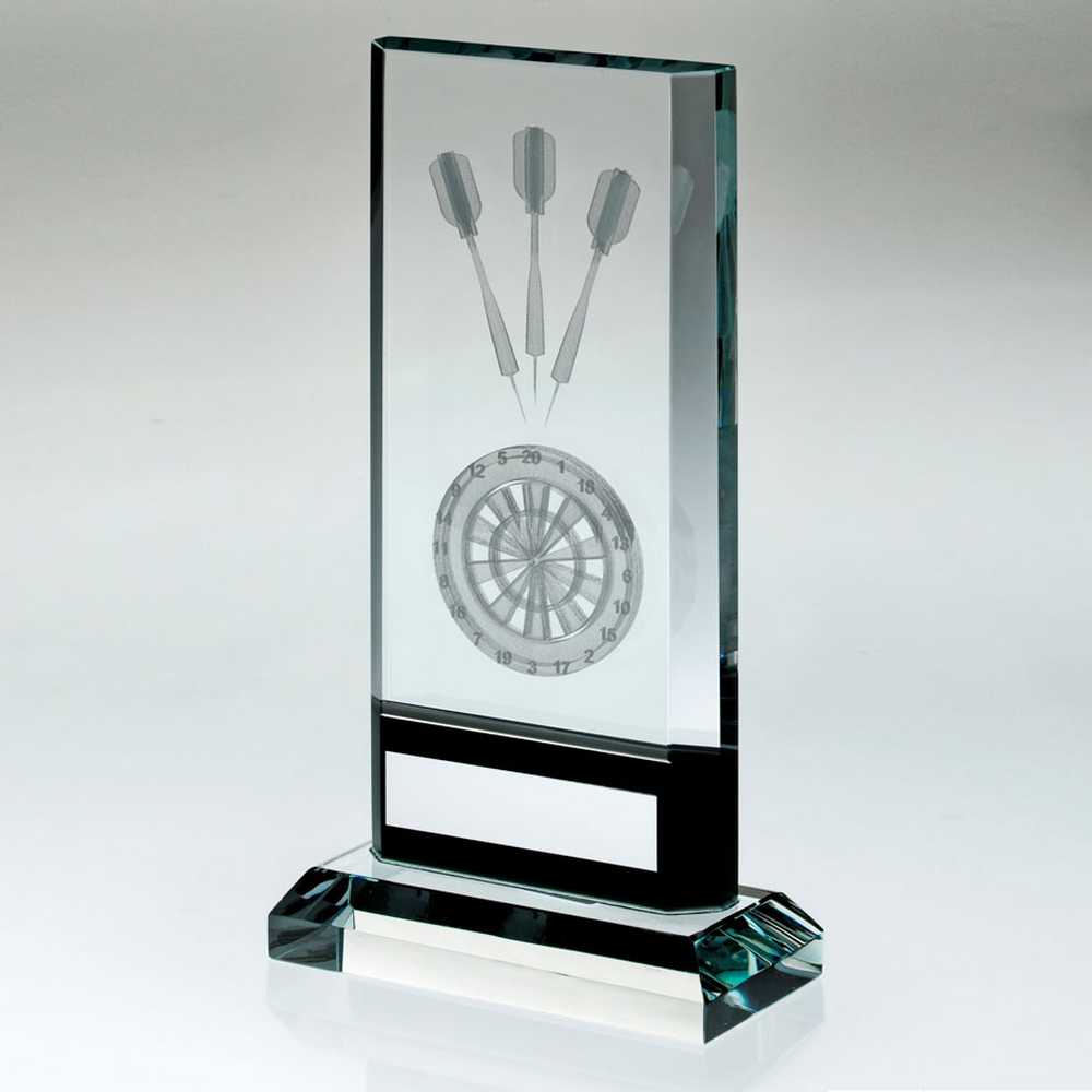 CLEAR/BLACK GLASS WITH LASERED DARTS IMAGE AND PLATE (15mm THICK) - 6.75in