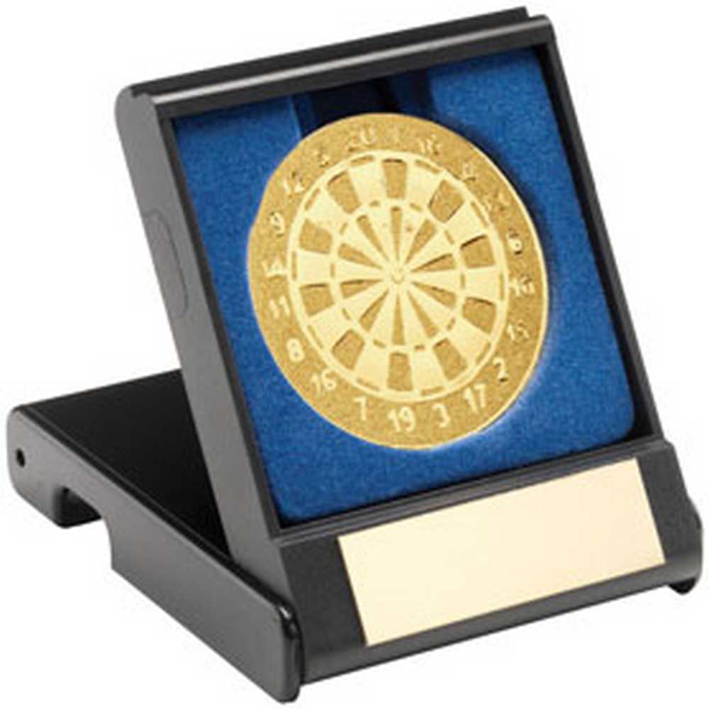 BLACK PLASTIC BOX WITH DARTS INSERT TROPHY GOLD - 3.5in