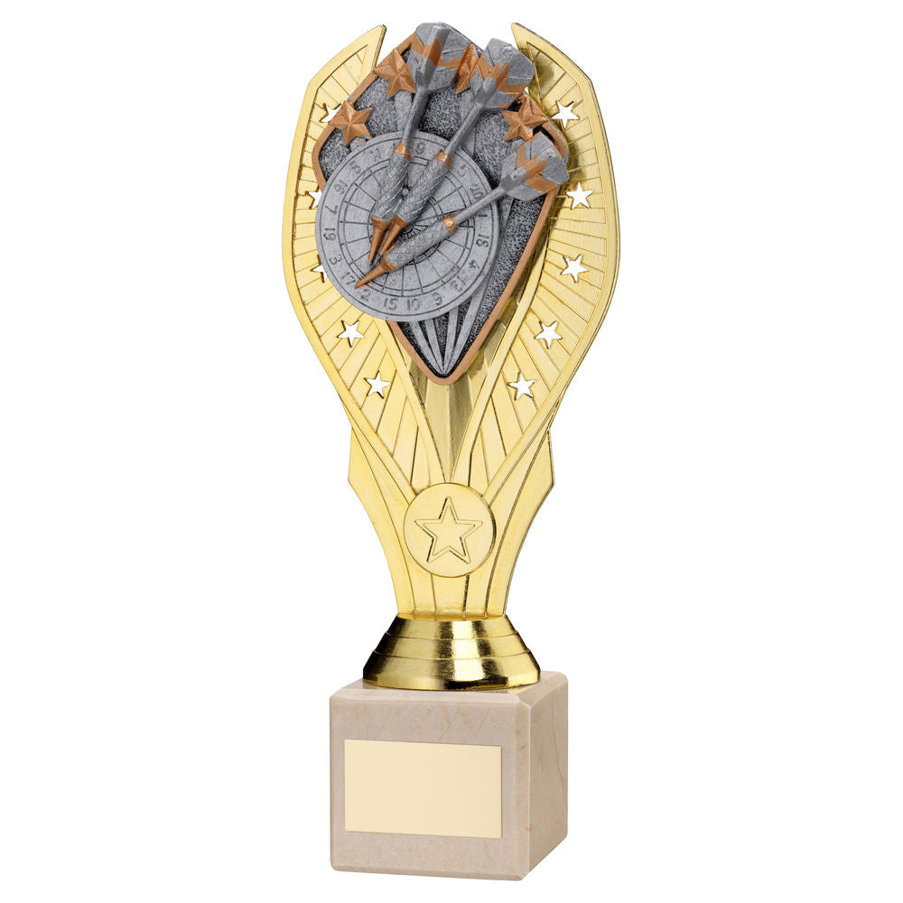 GOLD PLASTIC HOLDER + DARTS DISC ON CREAM MARBLE TROPHY (1in CEN) - 10in