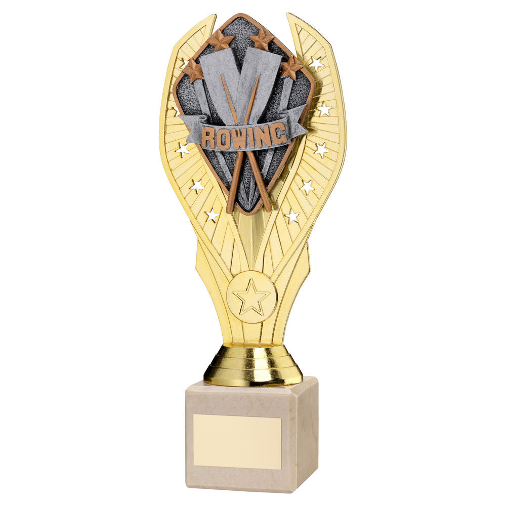 GOLD PLASTIC HOLDER + ROWING DISC ON CREAM MARBLE TROPHY (1in CEN) - 11in