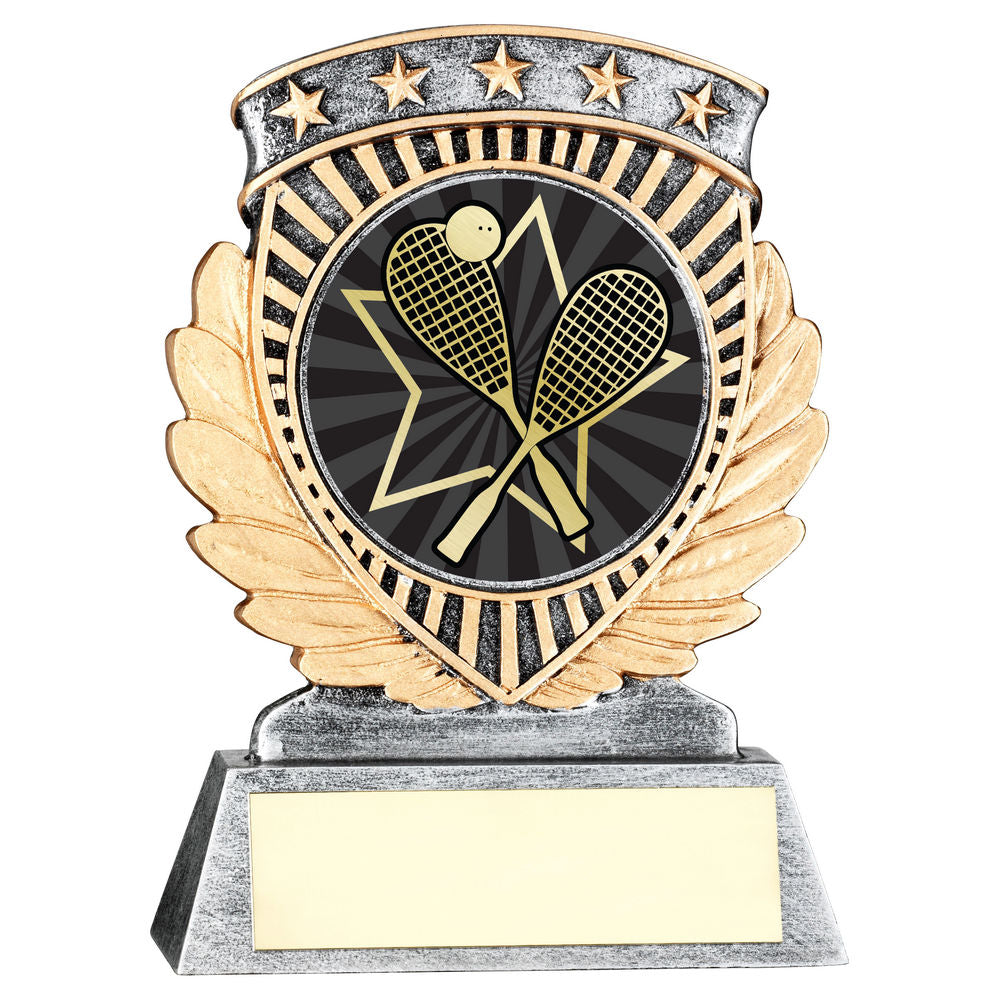 PEW/GOLD 5 STAR HOLDER WITH VINYL SQUASH INSERT & PLATE - 4.5in
