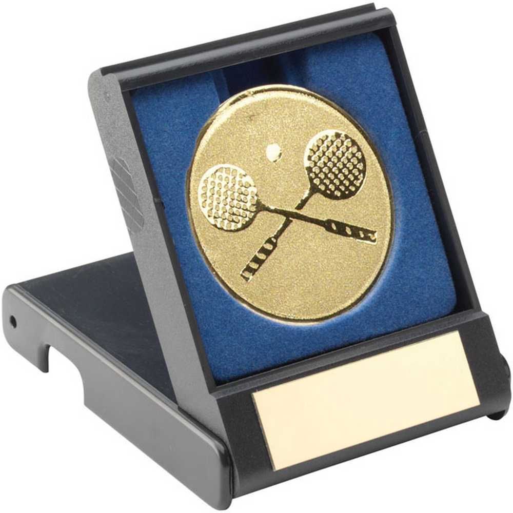 BLACK PLASTIC BOX WITH SQUASH INSERT TROPHY GOLD - 3.5in