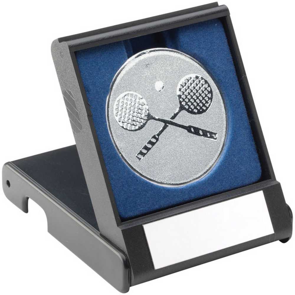 BLACK PLASTIC BOX WITH SQUASH INSERT TROPHY SILVER - 3.5in