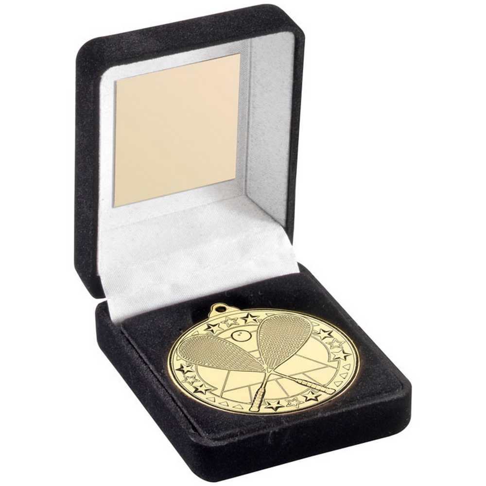 BLACK VELVET BOX AND 50mm MEDAL SQUASH TROPHY GOLD - 3.5in