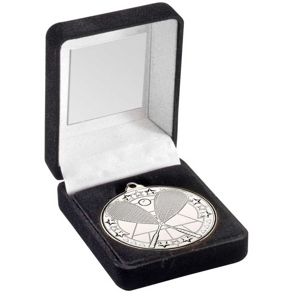 BLACK VELVET BOX AND 50mm MEDAL SQUASH TROPHY SILVER - 3.5in