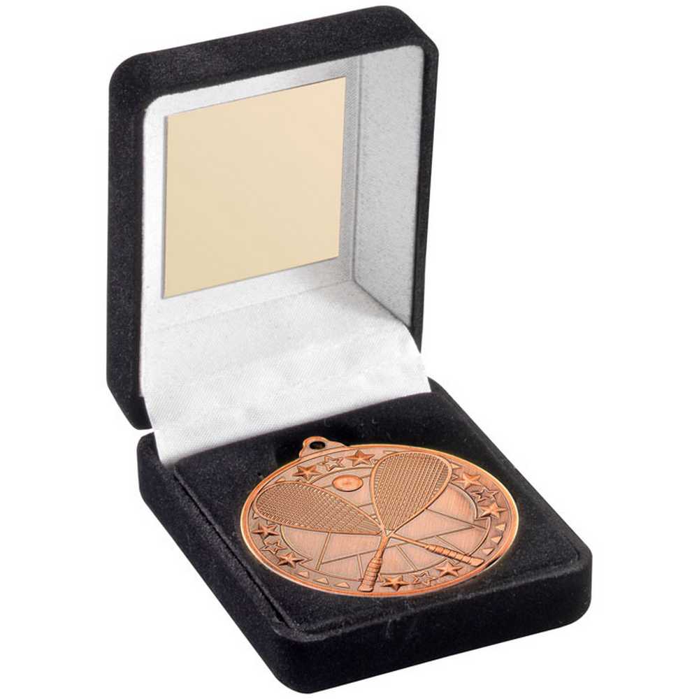 BLACK VELVET BOX AND 50mm MEDAL SQUASH TROPHY BRONZE - 3.5in