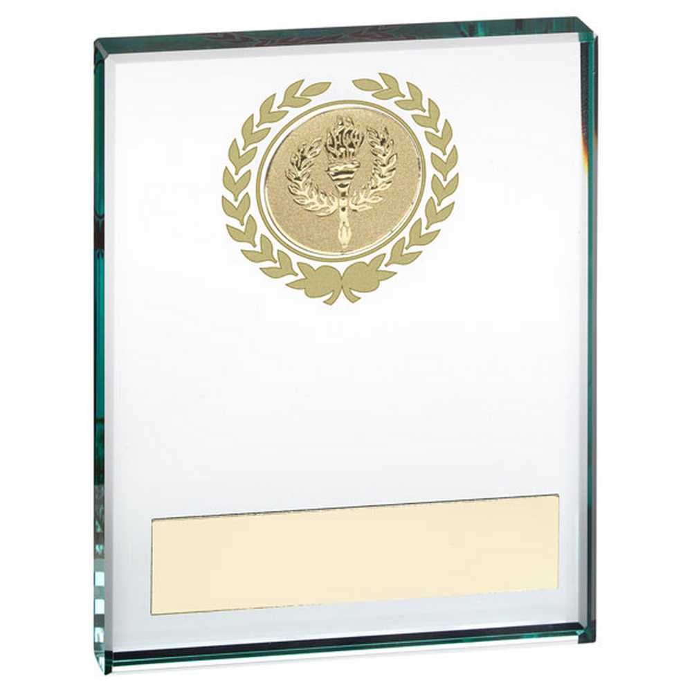 JADE GLASS BLOCK WITH GOLD WREATH 12mm THICK WITH PLATE (2in CENTRE) - 4 x 5in