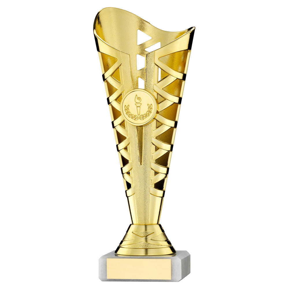 GOLD PLASTIC TITAN CUP ASSEMBLED ON MARBLE (1in CEN) - 8.75in