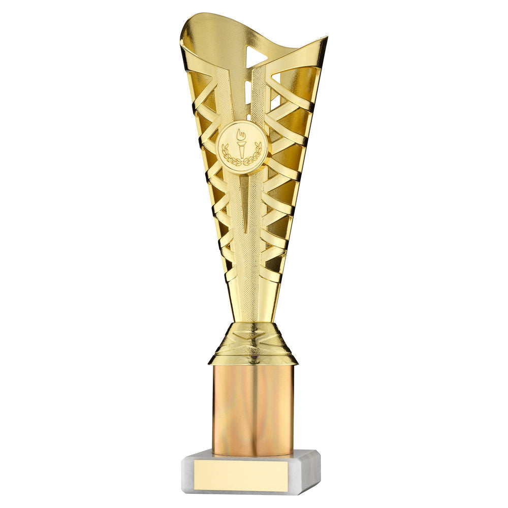 GOLD PLASTIC TITAN CUP ASSEMBLED ON MARBLE (1in CEN) - 9.75in