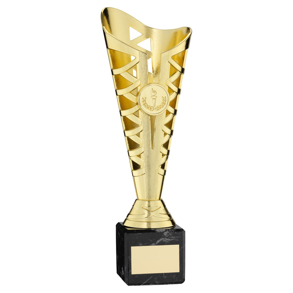 GOLD PLASTIC TITAN CUP ON BLACK MARBLE ASSEMBLED TROPHY (1in CEN) - 11in