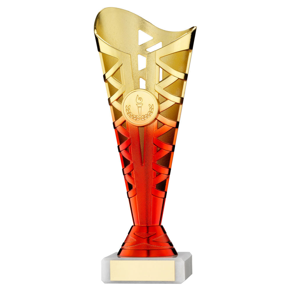 GOLD/RED PLASTIC TITAN CUP ASSEMBLED ON MARBLE (1in CEN) - 8.75in