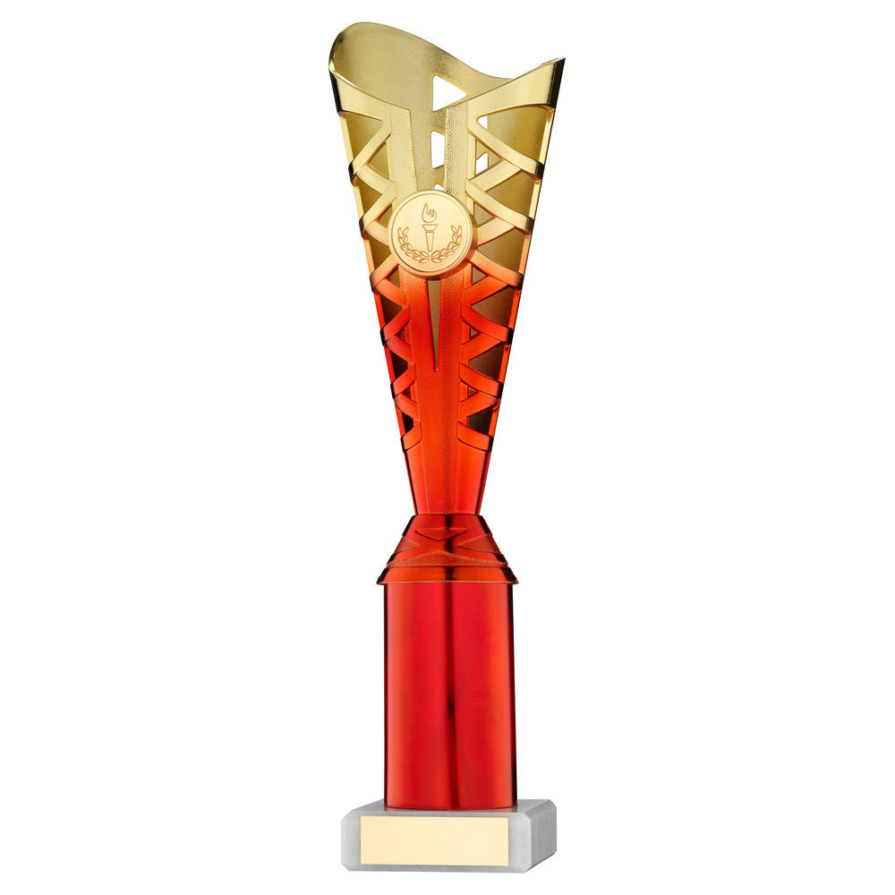 GOLD/RED PLASTIC TITAN CUP ASSEMBLED ON MARBLE (1in CEN) - 11.75in