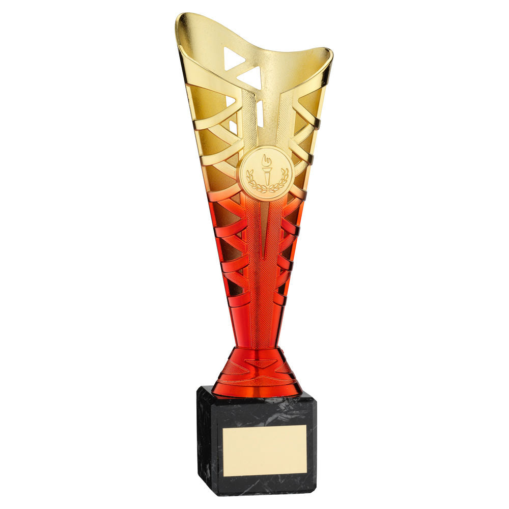 GOLD/RED PLASTIC TITAN CUP ON BLACK MARBLE ASSEMBLED TROPHY (1in CEN) - 10in
