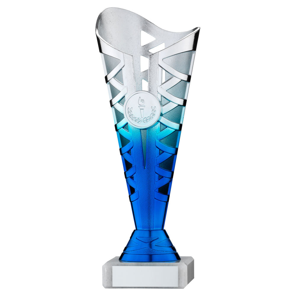 SILVER/BLUE PLASTIC TITAN CUP ASSEMBLED ON MARBLE (1in CEN) - 8.75in