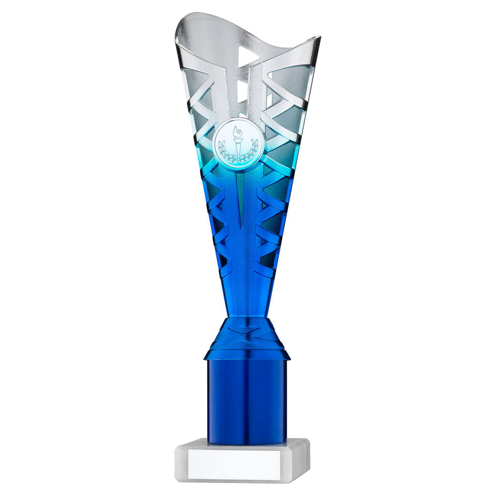 SILVER/BLUE PLASTIC TITAN CUP ASSEMBLED ON MARBLE (1in CEN) - 9.75in