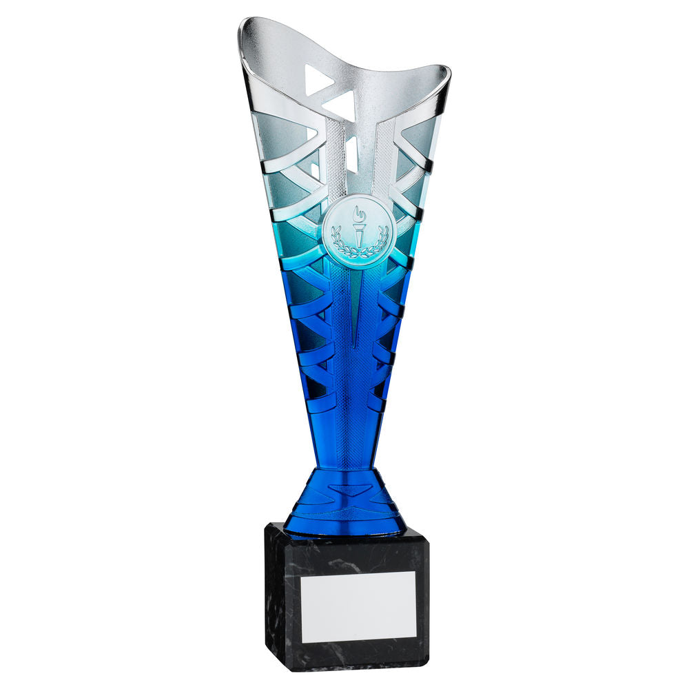 SILVER/BLUE PLASTIC TITAN CUP ON BLK MARBLE ASSEMBLED TROPHY (1in CEN) - 10in
