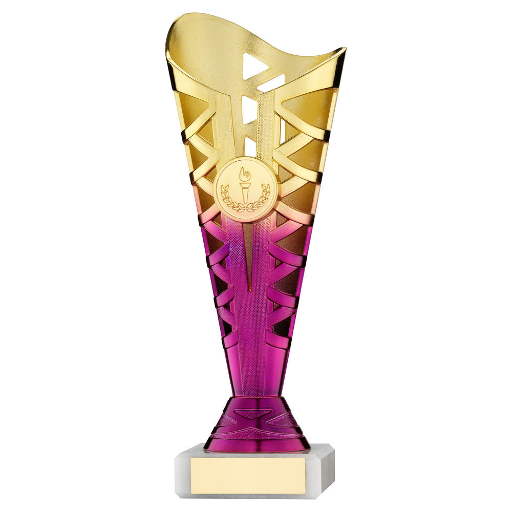 GOLD/PURPLE PLASTIC TITAN CUP ASSEMBLED ON MARBLE (1in CEN) - 8.75in