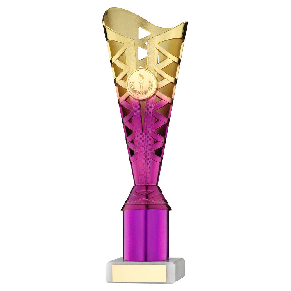 GOLD/PURPLE PLASTIC TITAN CUP ASSEMBLED ON MARBLE (1in CEN) - 9.75in