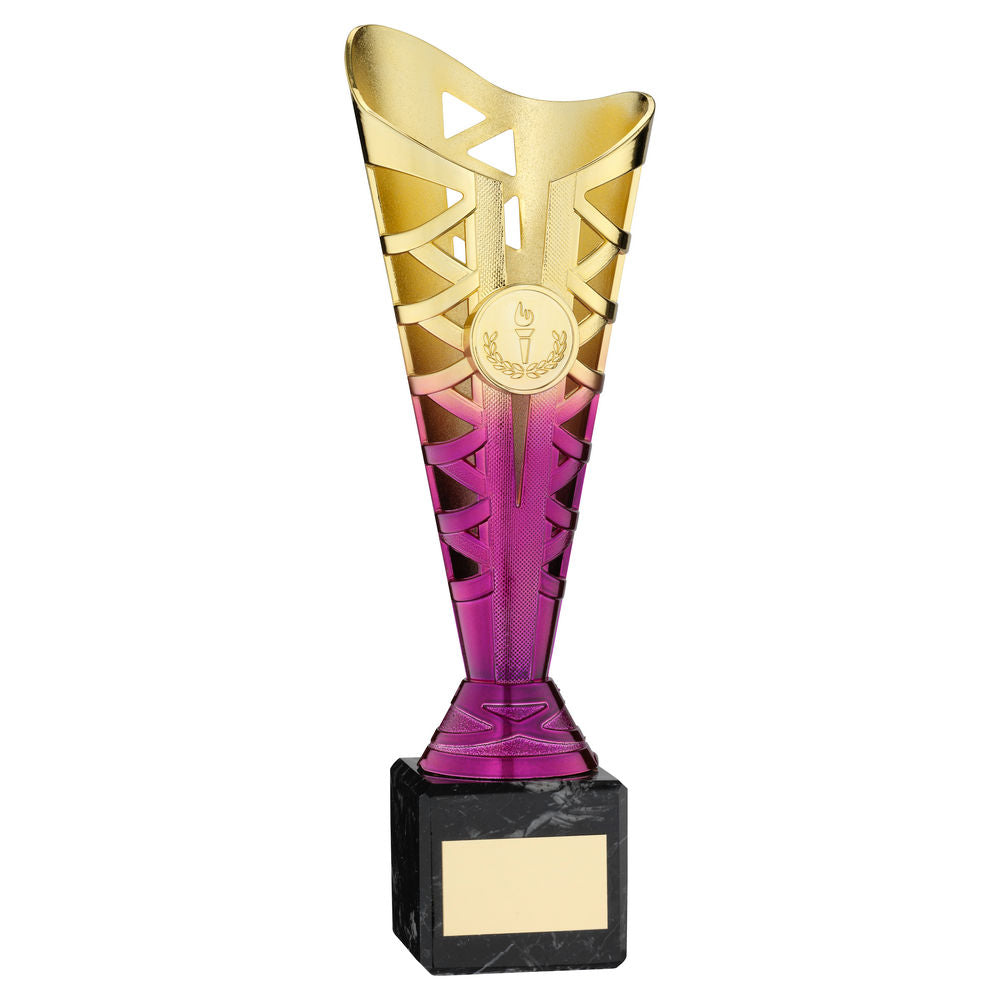 GOLD/PURPLE PLASTIC TITAN CUP ON BLK MARBLE ASSEMBLED TROPHY (1in CEN) - 12in