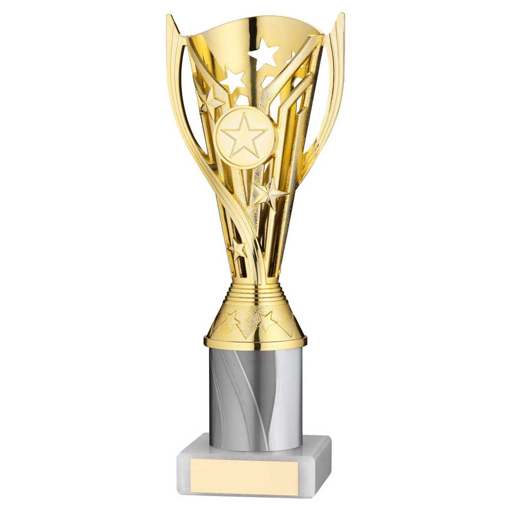 GOLD/WHITE PLASTIC 'FLASH' CUP ASSEMBLED ON MARBLE (1in CEN) - 10in
