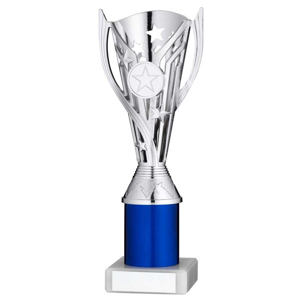 SILVER/BLUE PLASTIC 'FLASH' CUP ASSEMBLED ON MARBLE (1in CEN) - 9in