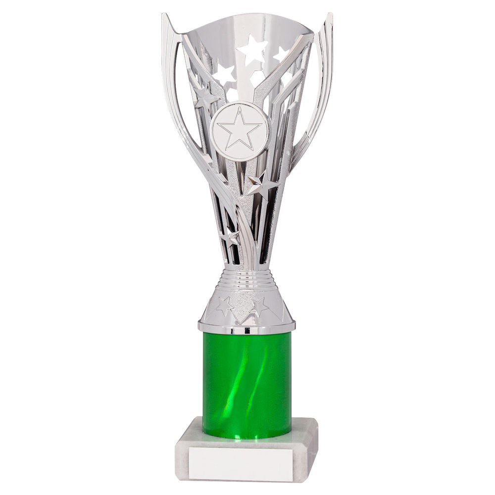 SILVER/GREEN PLASTIC FLASH CUP ASSEMBLED ON MARBLE (1in CEN) - 10in