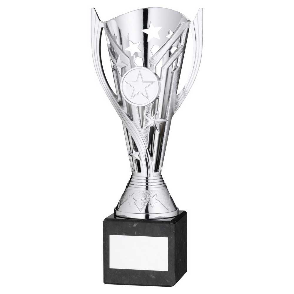 SILVER PLASTIC 'FLASH' CUP ON BLACK MARBLE ASSEMBLED TROPHY (1" CEN) - 10in