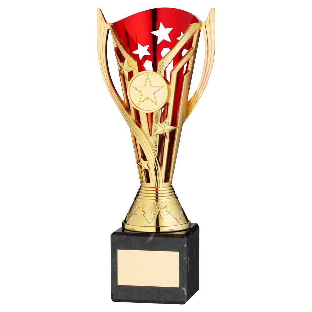 GOLD/RED PLASTIC 'FLASH' CUP ON BLACK MARBLE ASSEMBLED TROPHY (1" CEN) - 6.75in