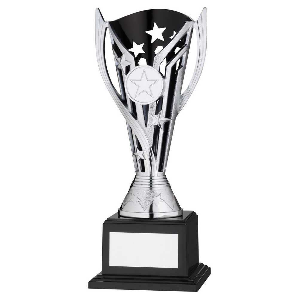SILVER/BLACK PLASTIC 'FLASH' CUP ON BASE ASSEMBLED TROPHY (1" CEN) - 8in