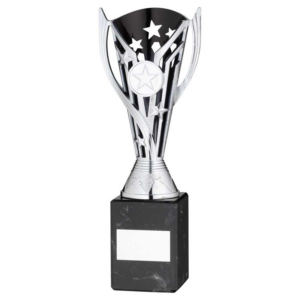 SILVER/BLK PLASTIC 'FLASH' CUP ON BLK MARBLE ASSEMBLED TROPHY (1" CEN) - 7.25in