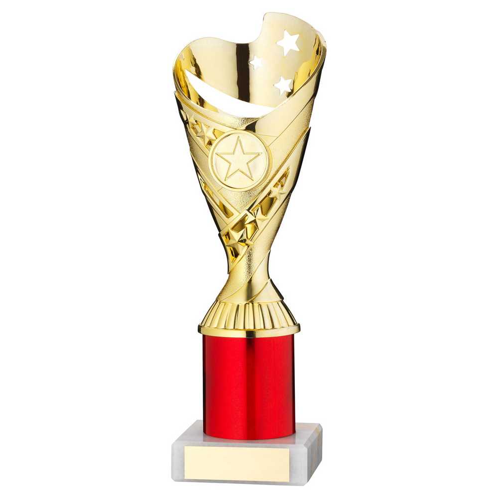 GOLD/RED PLASTIC 'SABRE' CUP ASSEMBLED ON MARBLE (1in CEN) - 10in