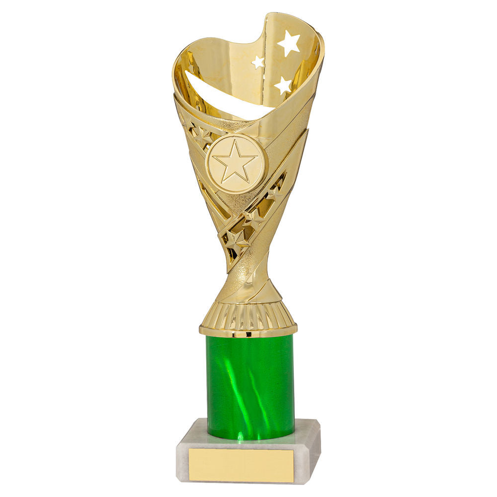 GOLD/GREEN PLASTIC SABRE CUP ASSEMBLED ON MARBLE (1in CEN) - 10in