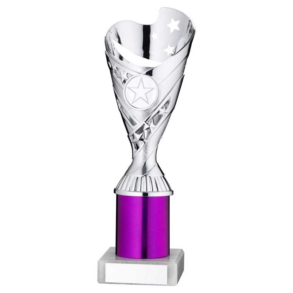 SILVER/PURPLE PLASTIC 'SABRE' CUP ASSEMBLED ON MARBLE (1in CEN) - 9in