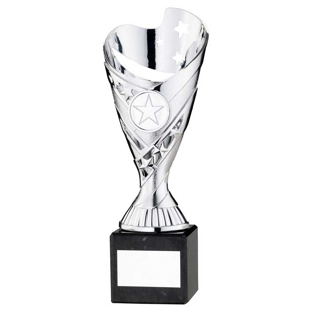 SILVER PLASTIC 'SABRE' CUP ON BLACK MARBLE ASSEMBLED TROPHY (1" CEN) - 9in