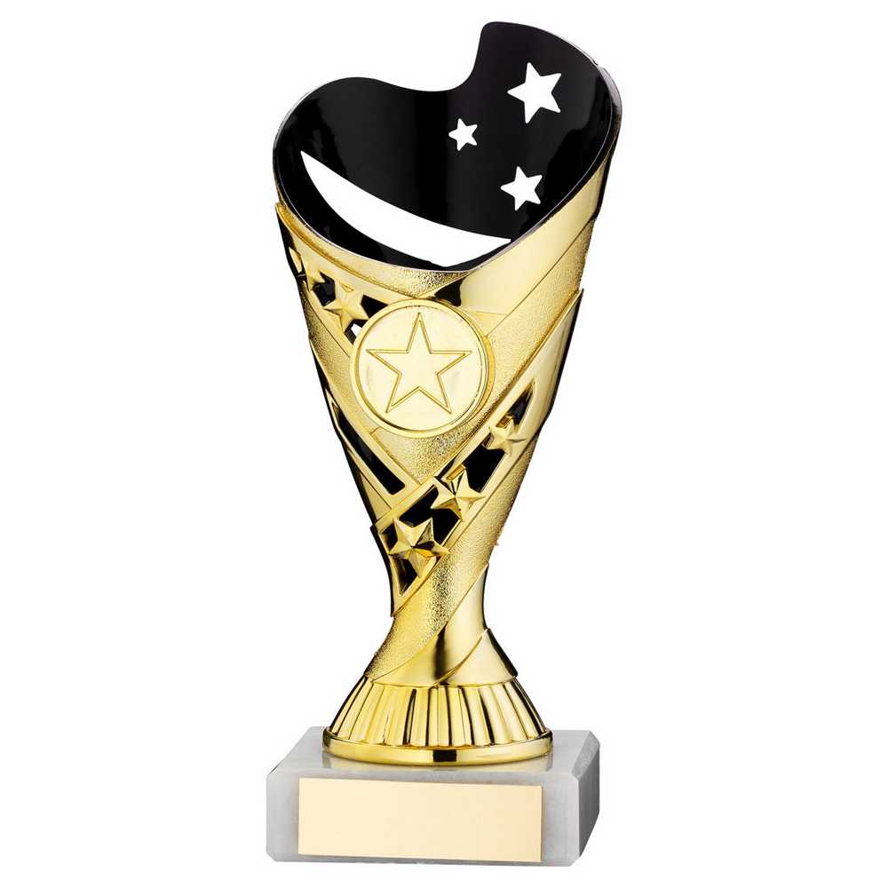 GOLD/BLACK PLASTIC 'SABRE' CUP ASSEMBLED ON MARBLE (1in CEN) - 7in