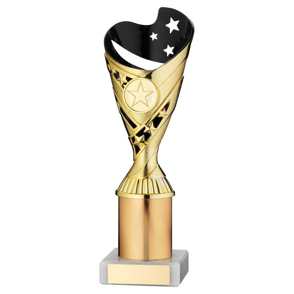 GOLD/BLACK PLASTIC 'SABRE' CUP ASSEMBLED ON MARBLE (1in CEN) - 8in